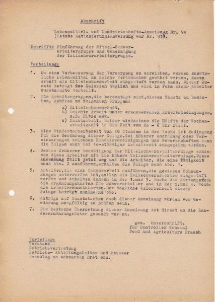 1946 Lebensmittel- und Landwirtschaftsanweisung Nr. 94