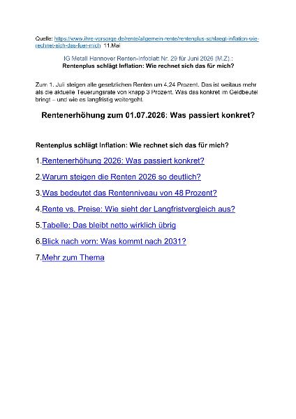 Renten-Infoblatt der IG Metall Hannover Nr. 29 Juni 2026 - Rentenerhöhung zum 01.07.2026