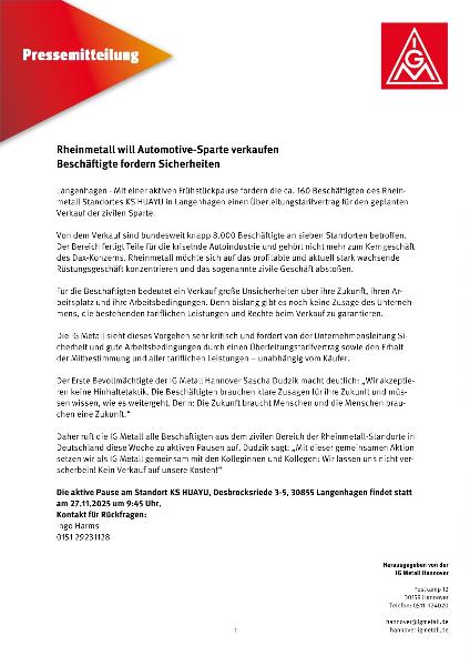 Pressemitteilung der IG Metall Hannover - Rheinmetall verkauft Automotive-Sparte