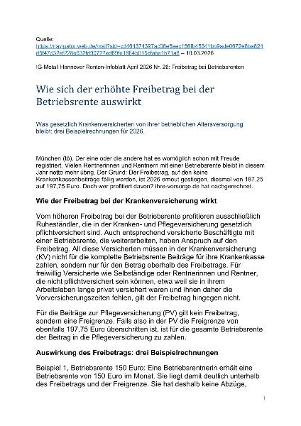 IG Metall Hannover Renten-Infoblatt Nr. 26 März 2026 - Freibetrag bei Betriebsrenten gestiegen