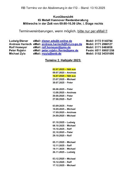 Termine der Rentenversichertenältesten 2. Halbjahr 2025