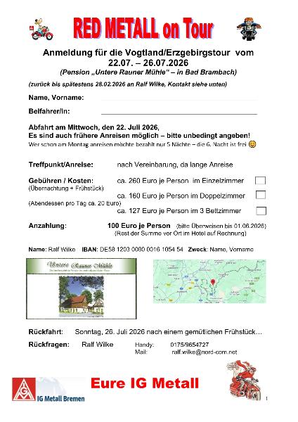 Anmeldung für die Vogtland/Erzgebirgstour vom  22.07. – 26.07.2026