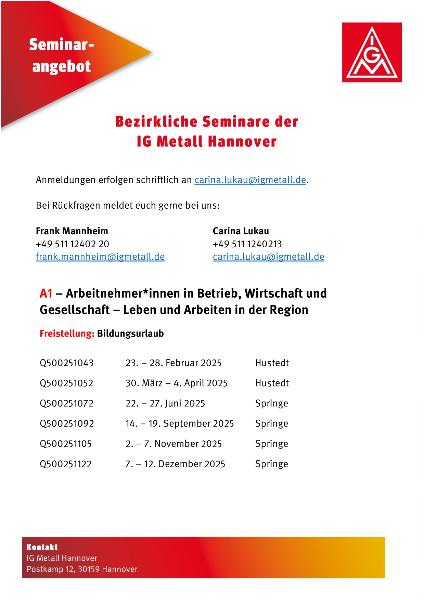 Bezirkliches Seminarangebot 2025 für die IG Metall Hannover