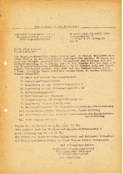 1949 Schulungsangebot DGB für Betriebe