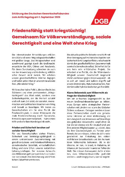 DGB-Aufruf zum Antikriegstag 2026