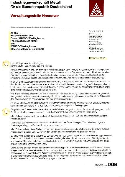 1983-12 Schreiben C. Wagner an alle WACO-Beschäftigten