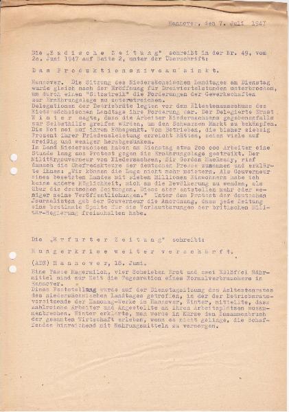 1947 Pressespiegel Hunger Hannover