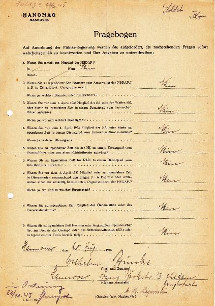 1945 Fragebogen Milt.-Regierung NSDAP
