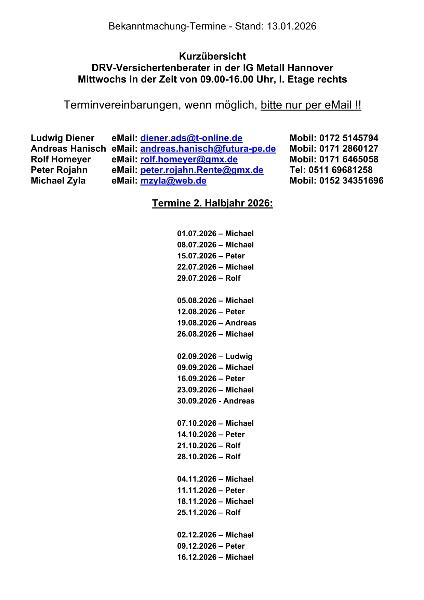 Termine Rentenversichertenälteste 2. Halbjahr 2026