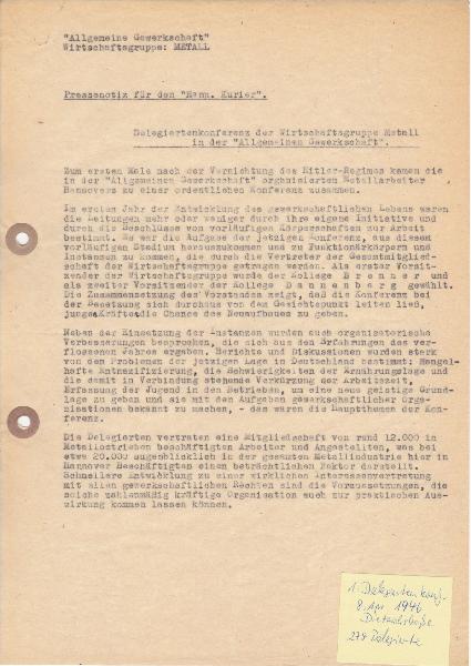 1946 Pressemitteillung Delegiertenkonferenz