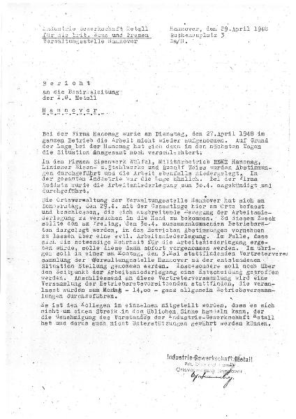 1948-04-29 Arbeitsniederlegung Hanomag Bericht IGM