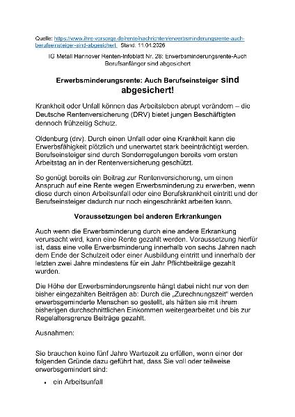 Renten-Info-Blatt Nr. 28 für Mai 2026 - Erwerbsminderungsrente auch für Berufsanfänger