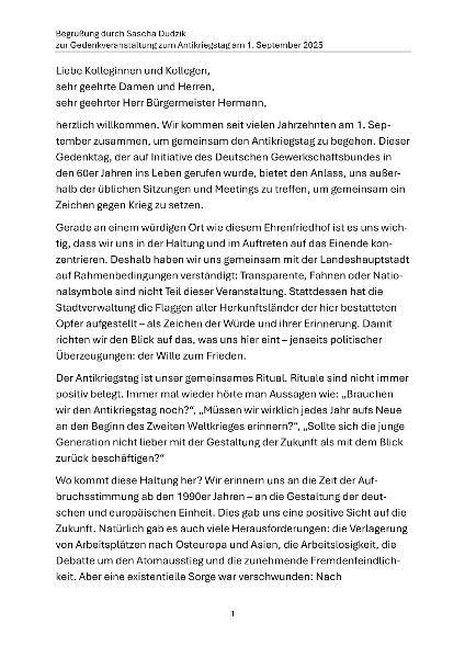 Begrüßung zum Antikriegstag 2025 von Sascha Dudzik
