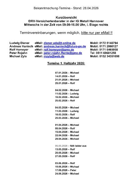 Termine der DRV-Versichertenberater in der IG Metall Hannover 1. Halbjahr 2026