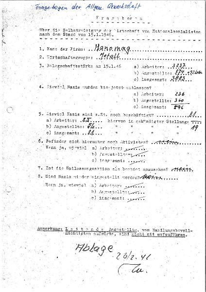 1946 Pol. Fragebogen Allg. Gew. Hanomag