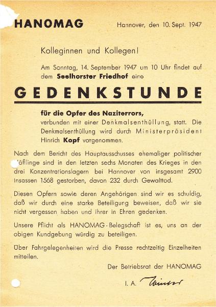 1947-09-14 Aufruf zur Gedenkstunde