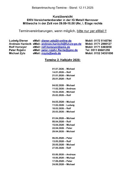 Termine Rentenversichertenälteste 1. Halbjahr 2026