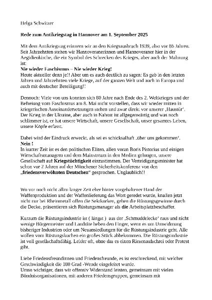 Rede zum Antikriegstag 2025 von Helga Schwitzer